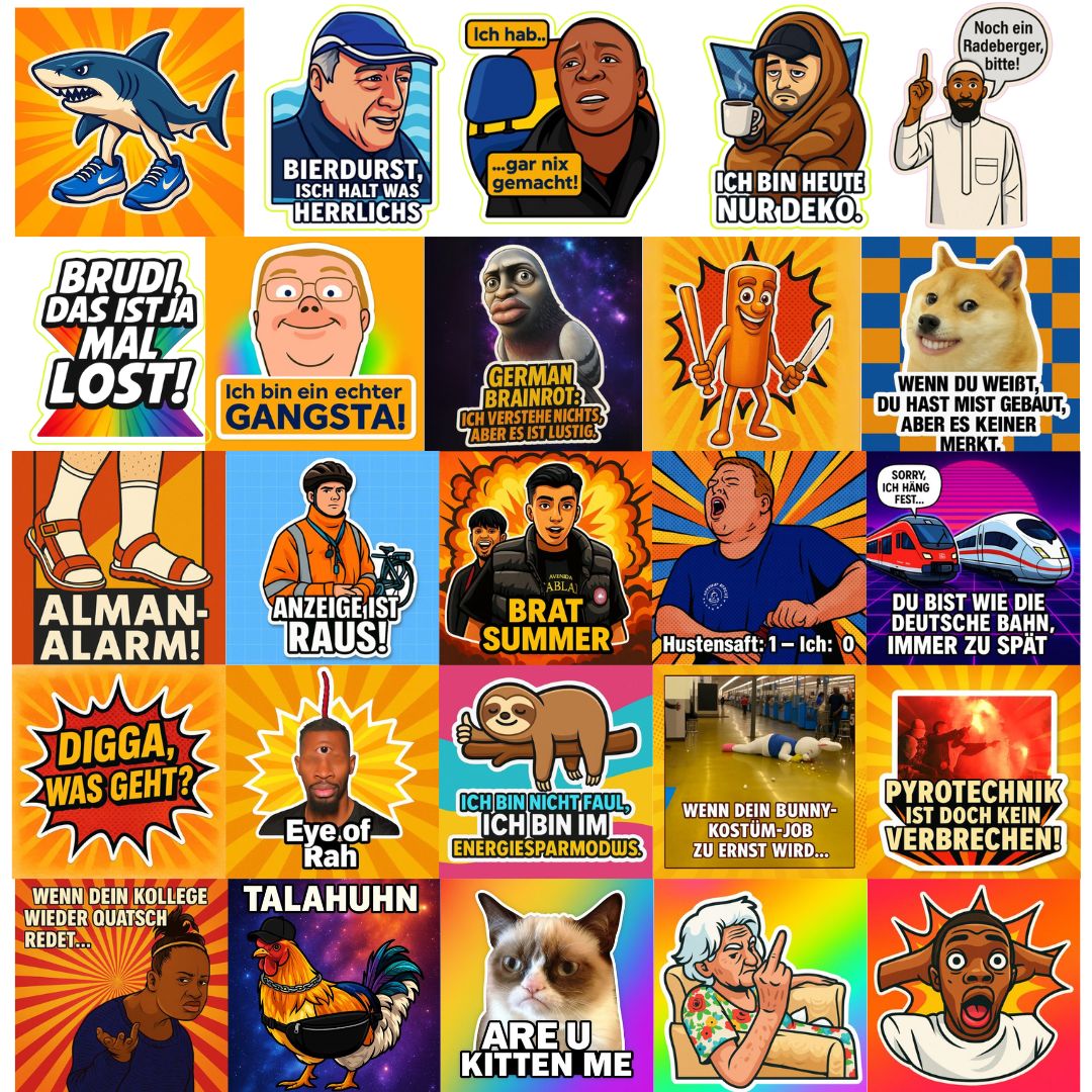 Deutsche Memes Sticker Pack | 31 Premium Meme Sticker mit Holo- und Glitzer-Effekt